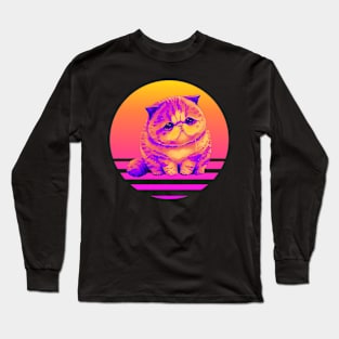 Sad Kitty Cat Retro Sunset Long Sleeve T-Shirt